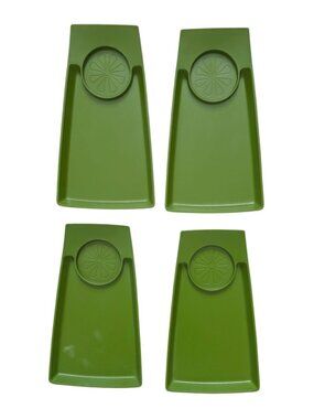 4x Vintage MCM David Douglas Green Melamine Snack Trays w/ Built-In Drink Holder
